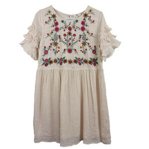 Entro Cream Floral Embroidered Mini Dress Medium Gauzy Ruffle Sleeve Cottagecore